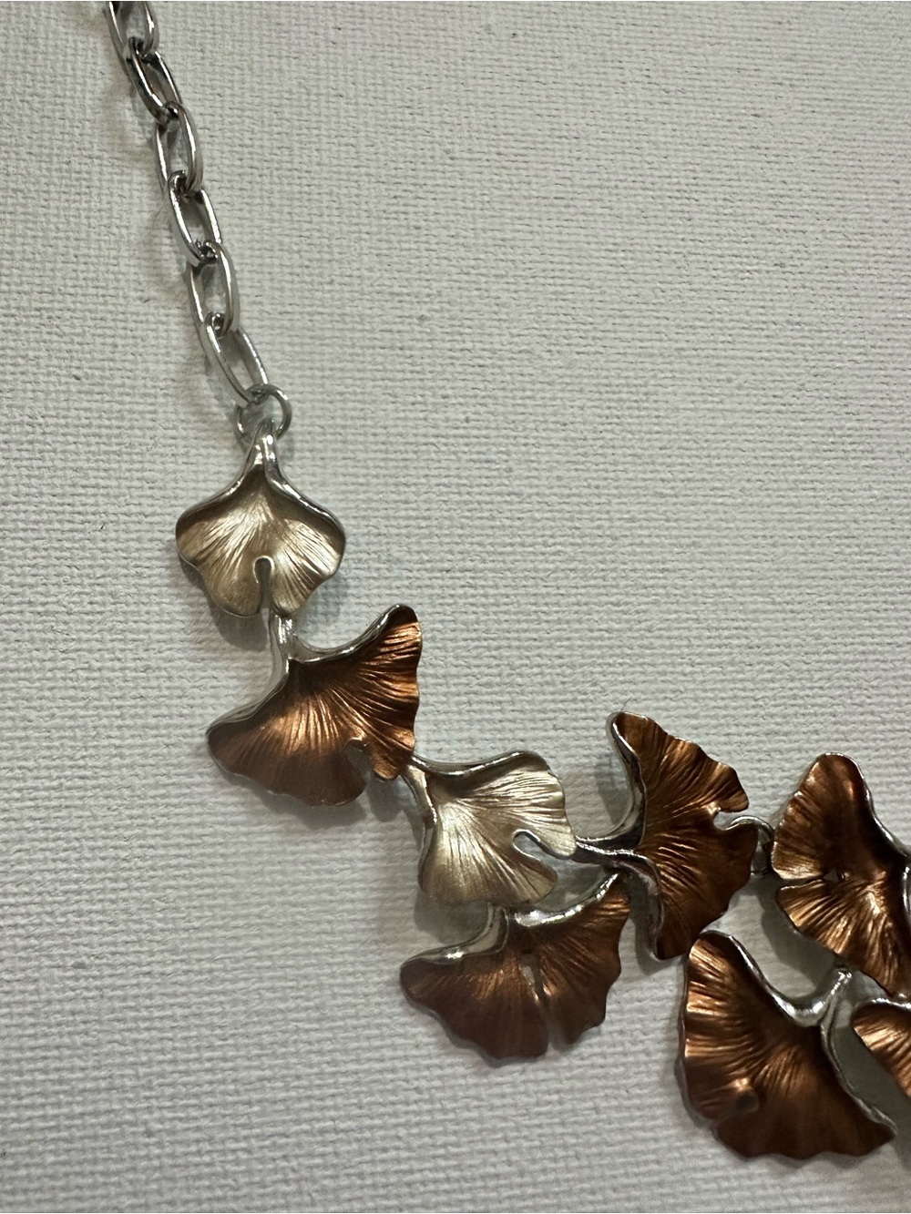 Two-Tone Ginkgo Leaf Statement Necklace Silver & Bronze Silver Tone Chain Line - Picture 5 of 9
